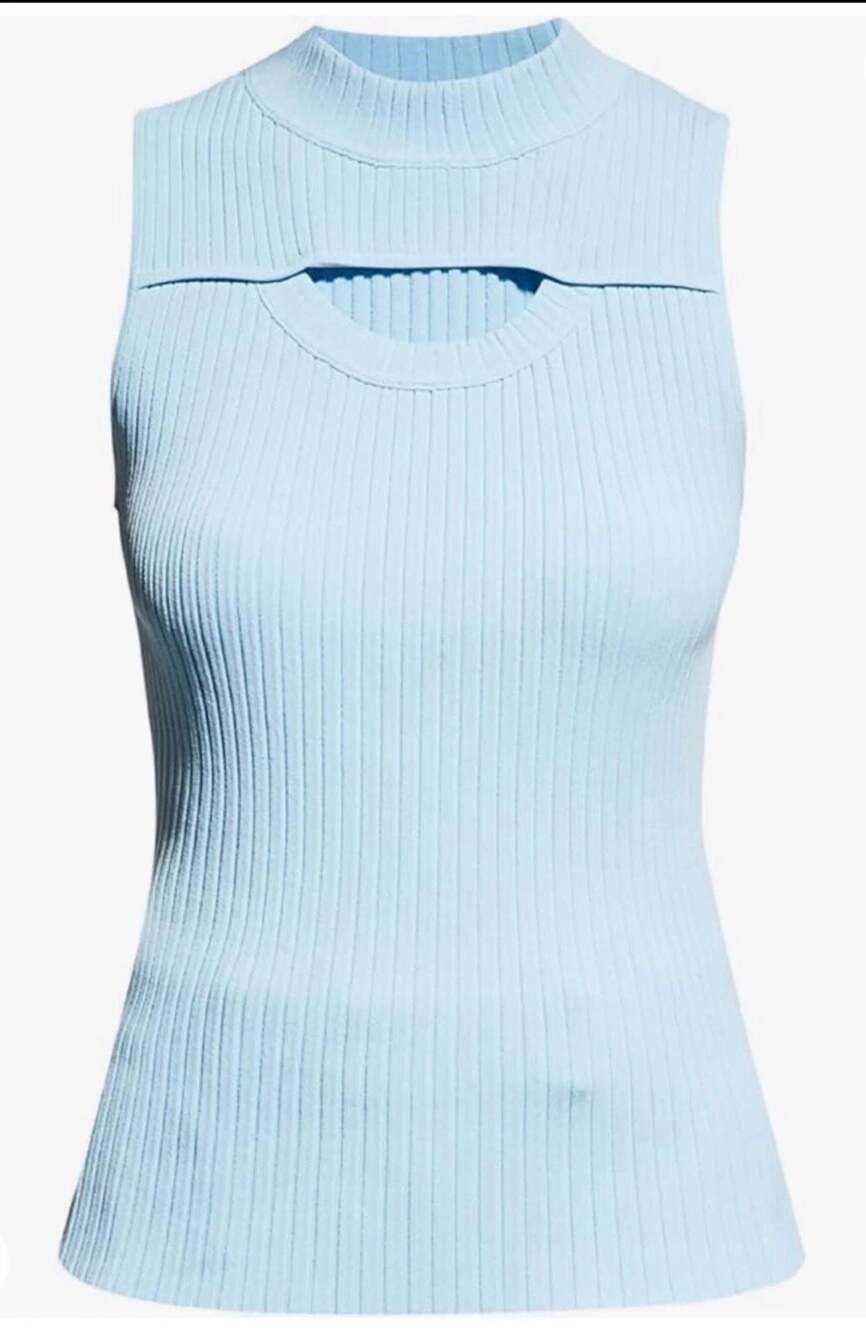 Rebecca Taylor Knitted Rib Cutout Sweater Tank Fun Summer Blue Sz L Large
